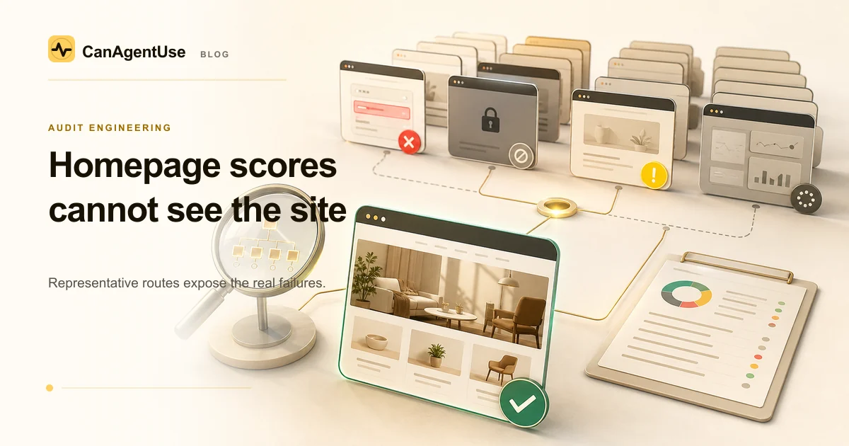 A healthy homepage sits in front of varied site routes with warnings, blocked pages, and a site-wide audit report.