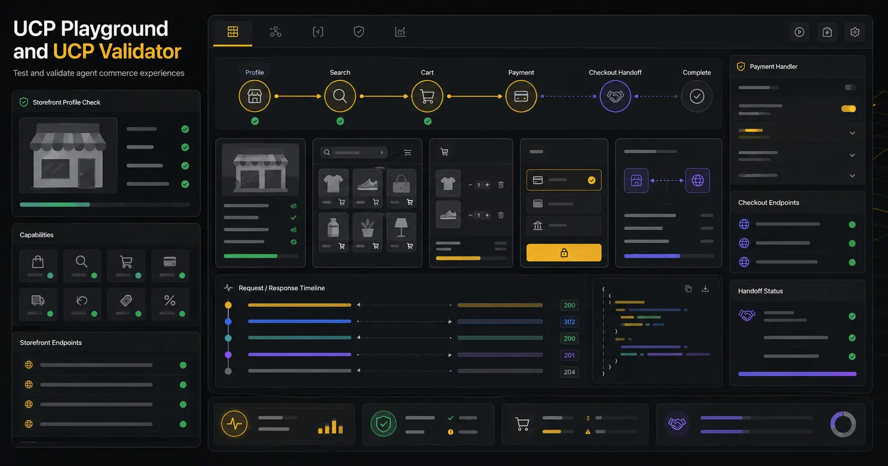 UCP Playground interface showing product search, cart testing, checkout state, and protocol logs.
