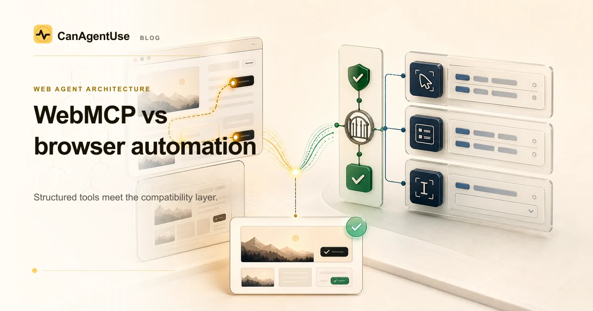 Browser automation and structured WebMCP tools converge on a permissioned, confirmed website task.