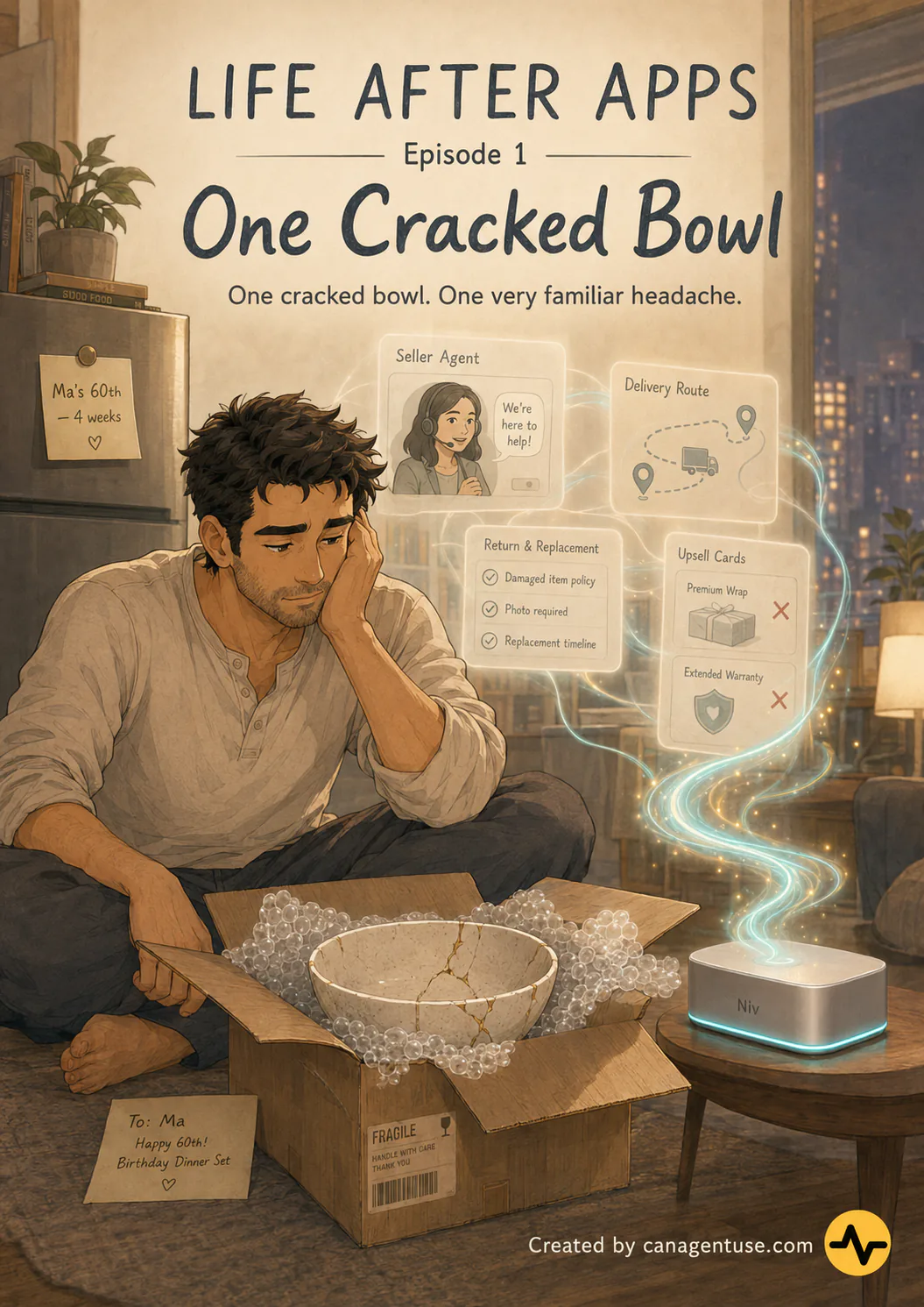 Life After Apps Episode 1 cover, One Cracked Bowl, showing Joe with a cracked bowl and Niv coordinating a return and replacement
