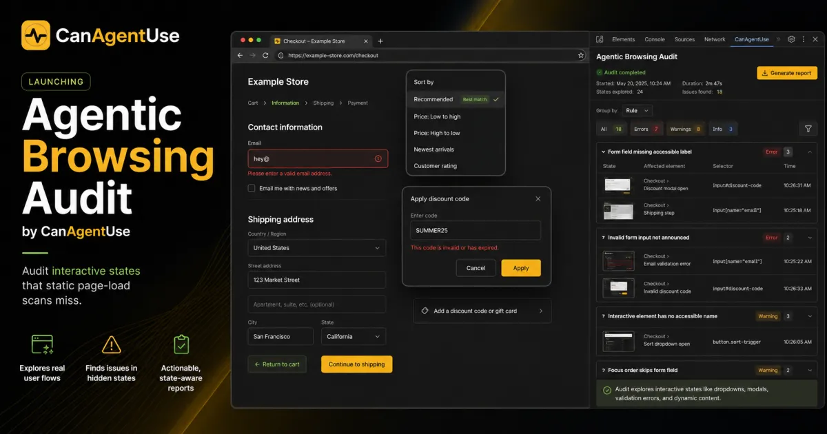 Agentic Browsing Audit launch image with checkout states and a DevTools audit panel.
